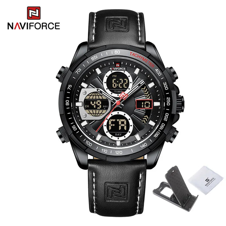 NAVIFORCE Men's Genuine Leather Watch, Luxury Military Sport Waterproof